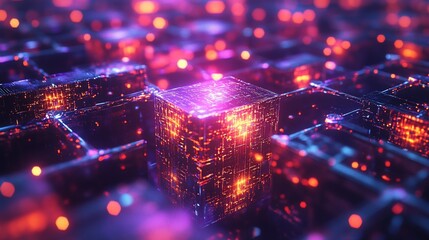 Abstract Glowing Cube Network: Futuristic Technology and Data Connection