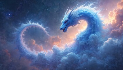 Wall Mural - vivid blue dragon soars through galaxy sky with pink and blue clouds. central dragon has long tail, 