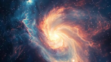 Wall Mural - A spiral galaxy with a bright orange center. The galaxy is filled with stars and is surrounded by a blue and purple sky. The colors of the galaxy create a sense of wonder and awe