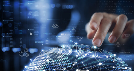 data analytics, ai and database management technology with global internet network connection. conne