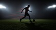 © Wiranata - Dynamic silhouette of a soccer player dribbling under stadium lights at night with motion blur.