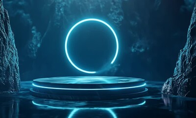 Wall Mural - abstract futuristic blue technology background with a glowing round podium and holographic elements 