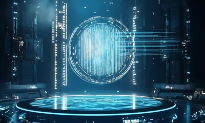 Wall Mural - abstract futuristic blue technology background with a glowing round podium and holographic elements 