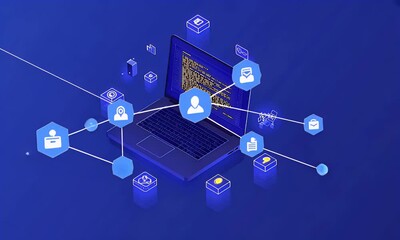 Wall Mural - 3d isometric illustration of a laptop with code on the screen and digital network connections,