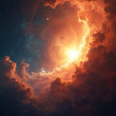 Wall Mural - vast expanse of space with swirling cloud of red, orange particles. bright sun at center surrounded 