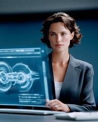 Wall Mural - businesswoman presenting on a large digital screen in boardroom, futuristic corporate scene