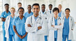 © Kaluya Stock - Diverse group of smiling medical professionals, including doctors and nurses, standing confidently in a hospital or clinic hallway