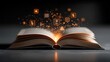 © Umri - Illuminated open book with glowing digital icons above representing knowledge, education, and e-learning concept