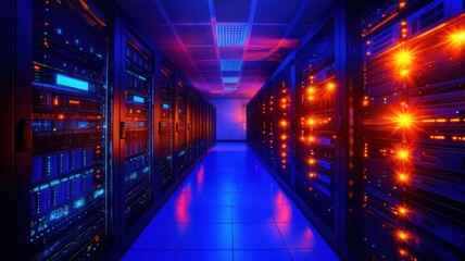 Wall Mural - server room glowing with blue and orange lighting, featuring high tech networking hardware and sleek