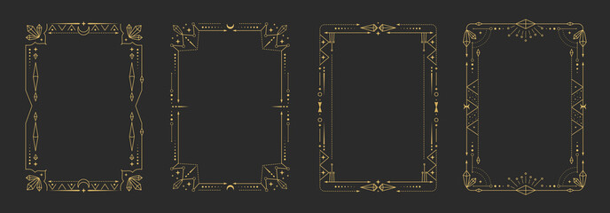 Set of modern magic witchcraft astrology frames with crystals, diamonds, gemstones, stars, sun and moon on black background. Line art occult vector illustration