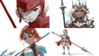 © Nur - Four close-up portraits of female anime characters, each wielding a spear and wearing stylized armor in varying colors of red, white, and blue