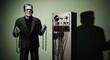 © Dmitry - Frankenstein's monster holding metal chain next to an old scientific machine, a scary and mysterious creature for Halloween.