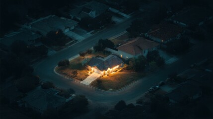 Wall Mural - stunning photo of single brightly lit house glowing in the middle of a pitch-black neighborhood duri