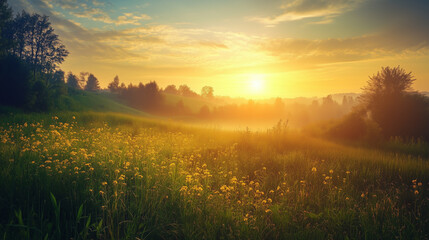 Wall Mural - green field and blue sky. field and clouds