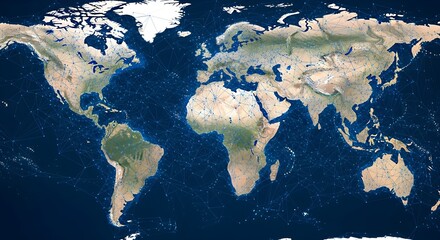 Global Network Connections: World Map with Illuminated Network Lines