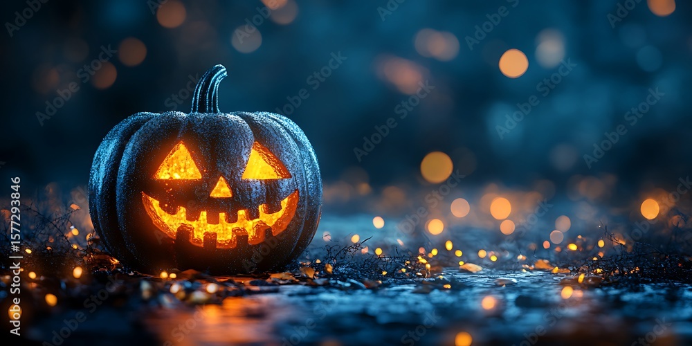 Glowing jack o lantern shows the spirit of Halloween on a dark spooky ...