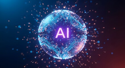 Abstract futuristic glowing sphere representing artificial intelligence with a circuit board pattern and digital particles.