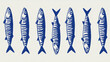 © Iryna - Artistic depiction of blue striped sardines fish arranged in a row against a light background, showcasing a nautical theme. Coastal poster.