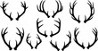© Yseoud - Set of antlers vector illustration. Collection of black deer antlers and horns silhouette isolated on white background. Design suitable for sticker, card, comic, print, poster, logo, decoration.