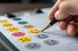 © Gatherina - Customer choosing happy face on satisfaction survey, filling out questionnaire