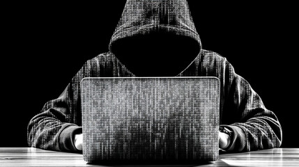 An anonymous hacker shrouded in binary code works intensely on a laptop in a dark digital world.