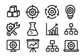 Technology icons set featuring linear style gear and business elements against dark background