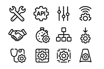 Black linear icons on technology and development concepts