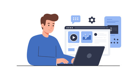 Young professional working on laptop with web interface in minimalist style