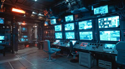 Futuristic control room with glowing screens and high-tech equipment in a dark, sci-fi environment