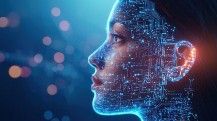 Wall Mural - digital circuits merging with female portrait, visualizing ai technology, neural networks processing