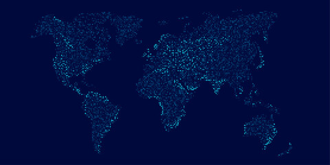 Futuristic digital world map of glowing blue dots or pixels across continents. Global connectivity with big data. Design for your UI backgrounds or FinTech projects. Vector illustration.