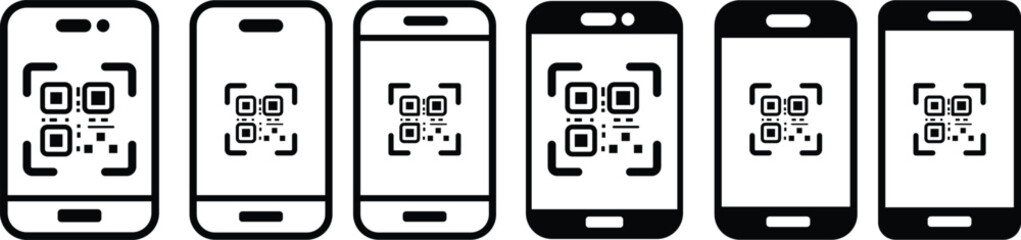 QR code scan icon with smartphone. Mobile phone scanning qr-code vector illustration. Hand holding a phone with scanner symbol
