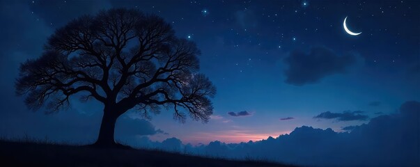 Wall Mural - A crescent moon delicately perched amongst the branches of a silhouetted tree, creating a mystical night scene Stars twinkle in the dark sky above , branches silhouette, serene