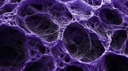 Abstract purple lace-like web patterns on black background, intricate mycelium network texture in high-resolution photography