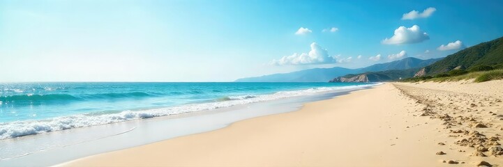 Wall Mural - Serene coastal scene featuring a tranquil, expansive beach stretching to the horizon under a clear sky Perfect for travel, vacation, or nature-themed projects , sand, shoreline, water