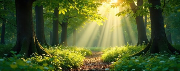 Wall Mural - Sun-dappled forest floor, sunlight filtering through leaves, creating a magical atmosphere Perfect for nature, fantasy, and serenity themes , light, canopy, calm