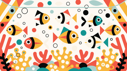 Naklejka na meble Stylized aquarium scene with geometric fish, coral, bubbles, and colorful triangular accents