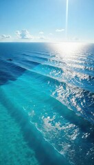 Wall Mural - Vast, cerulean ocean stretches to the horizon, sunlight dancing on the surface, waves gently rolling A breathtaking view of endless blue water , blue, background, sunlight