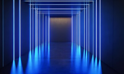 Wall Mural - abstract blue tunnel background with glowing lines, minimalistic design, simple shapes and curves,