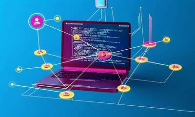 Wall Mural - 3d isometric illustration of a laptop with code on the screen and digital network connections,