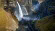 © AmazingAerialAgency - Aerial view of a cascading waterfall plunging into a rugged canyon, where a vibrant rainbow arcs across the misty spray near Haifoss, Iceland.