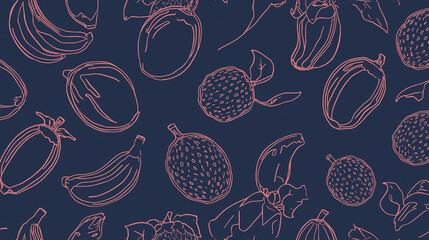 Minimalist flat design fruit pattern in two-tone palette navy and coral, featuring stylized bananas, mangos, and lychees in geometric outlines on a solid pastel base