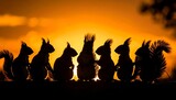 Silhouettes of squirrels at sunset