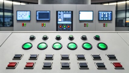 Control panel with illuminated green and red buttons in an industrial or technological setting, featuring multiple screens displaying data in the background.