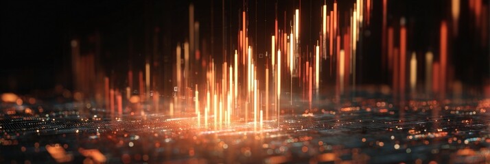 Photo of glowing orange data streams rise from a digital surface, representing a futuristic network of information and technological advancement