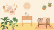 ©  ShimuAkter - Cozy bohemian interior scene with plants rattan furniture and wall art