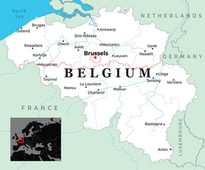  Map of Belgium showing major cities, borders with neighboring countries, and its placement in Western Europe