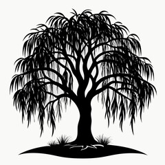 Willow silhouette features a dark tree shape against a light background.