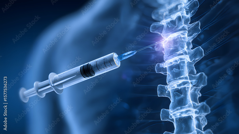 X ray 3D illustration with blue background of spinal drug injection for ...