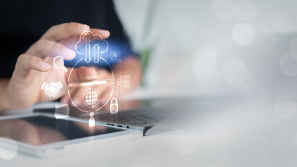 close-up of a hand updating a cloud system with digital icons representing data security, teamwork, 